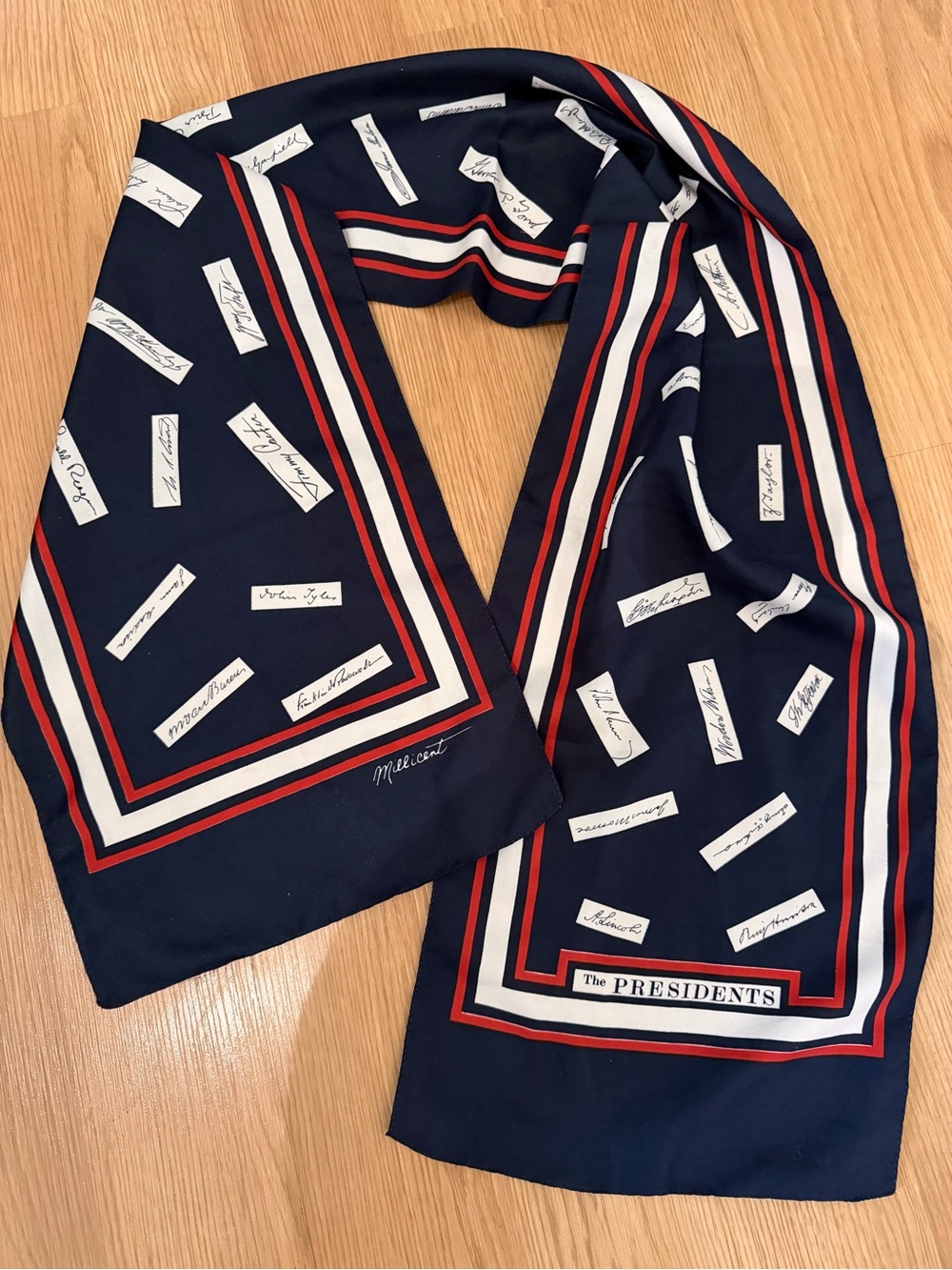 Vintage Millicent The Presidents Navy Signature-Print Scarf